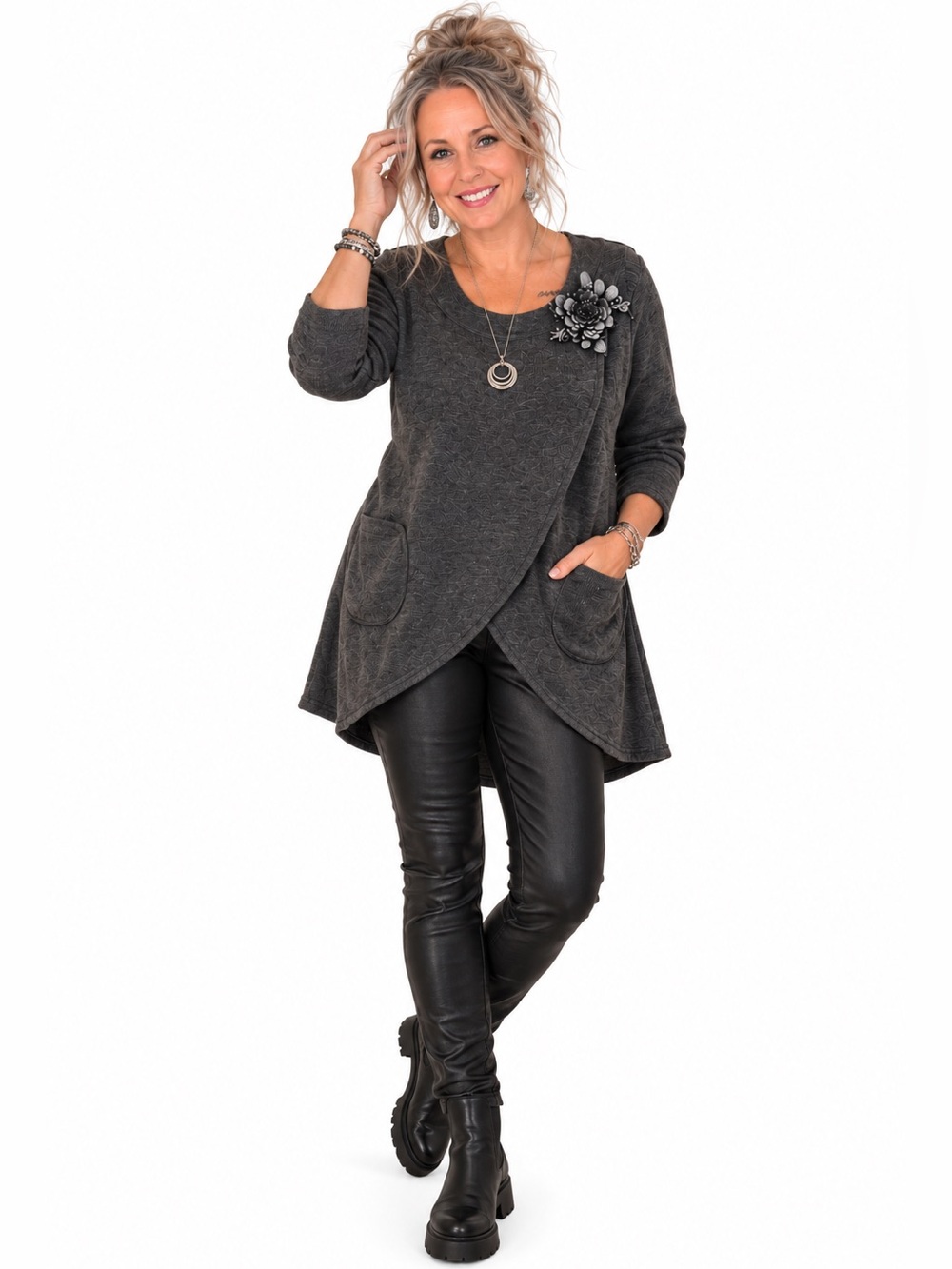 Joseph Ribkoff Gray Wrap Tunic Jacket Floral Appliqué Oversized Chic Size 8